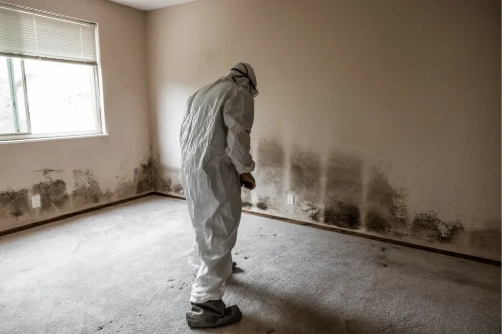 Mold remediation worker in protective clothing inspecting a wall.