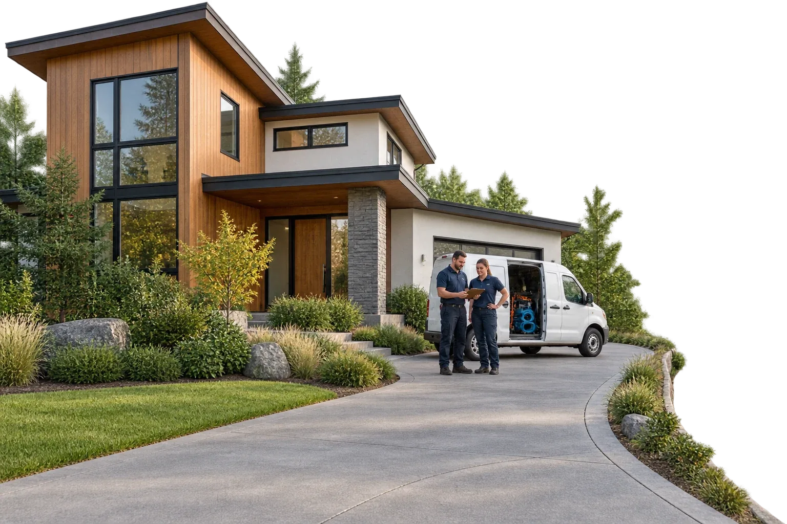 Restoration technicians reviewing a job beside a modern cedar home