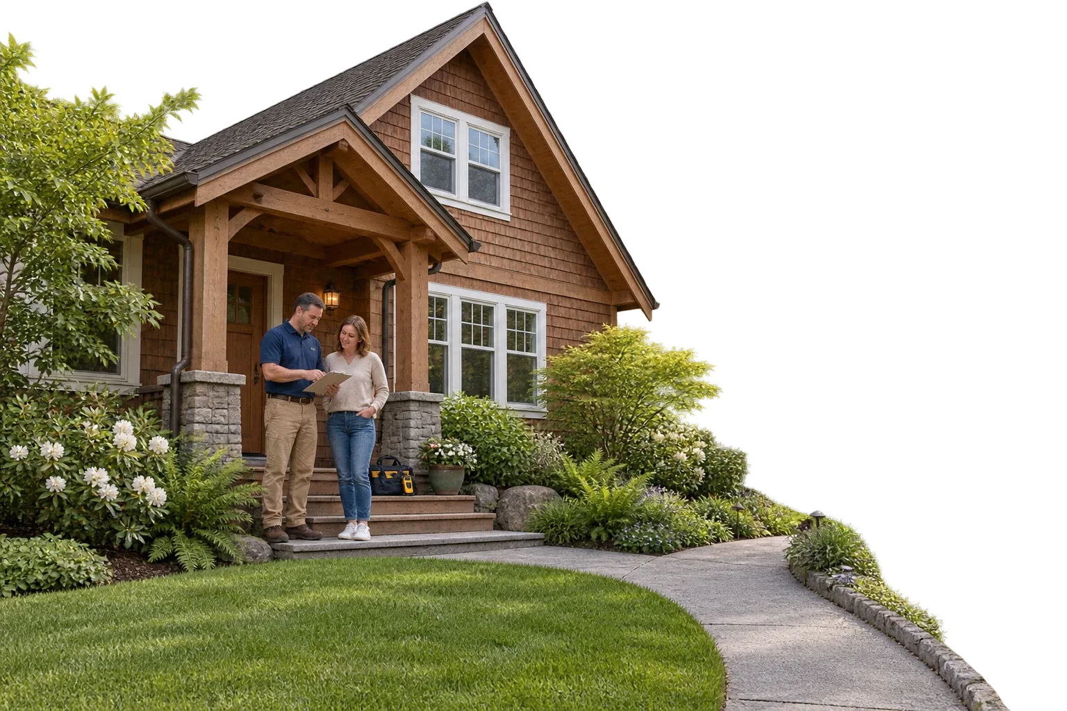 A homeowner and restoration professional discussing an inspection at a cedar-shingle home