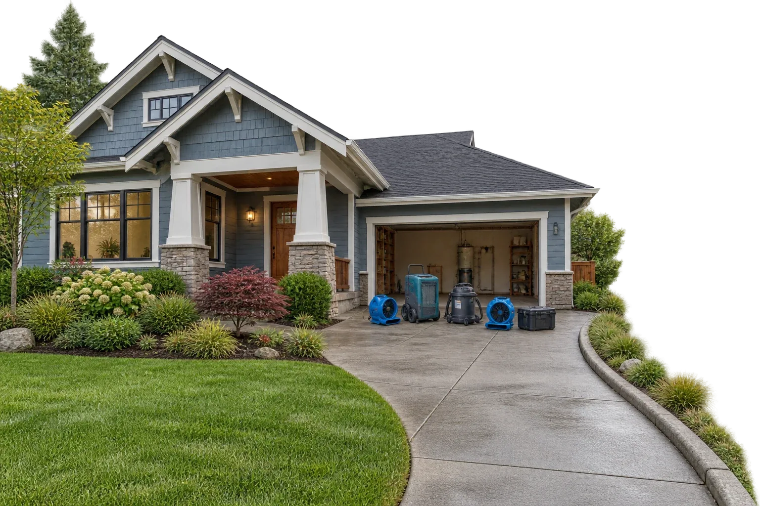 Professional drying and cleaning equipment outside a Craftsman home