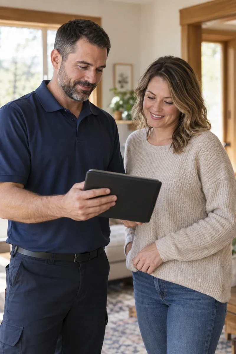 A homeowner and restoration technician reviewing an inspection on a tablet
